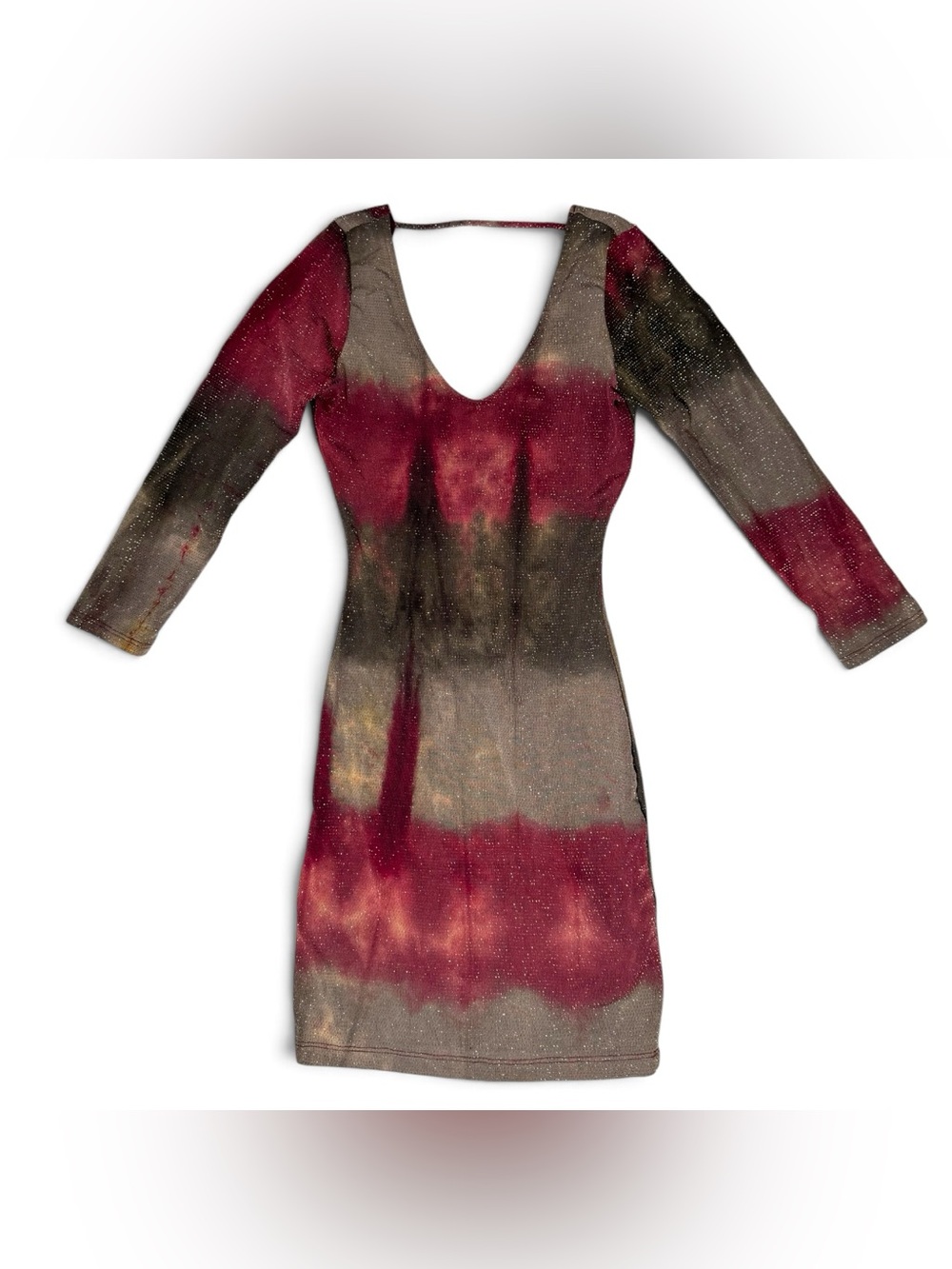 Glare Women's Red Tie-Dye Long Sleeve V-Neck Dress- Small